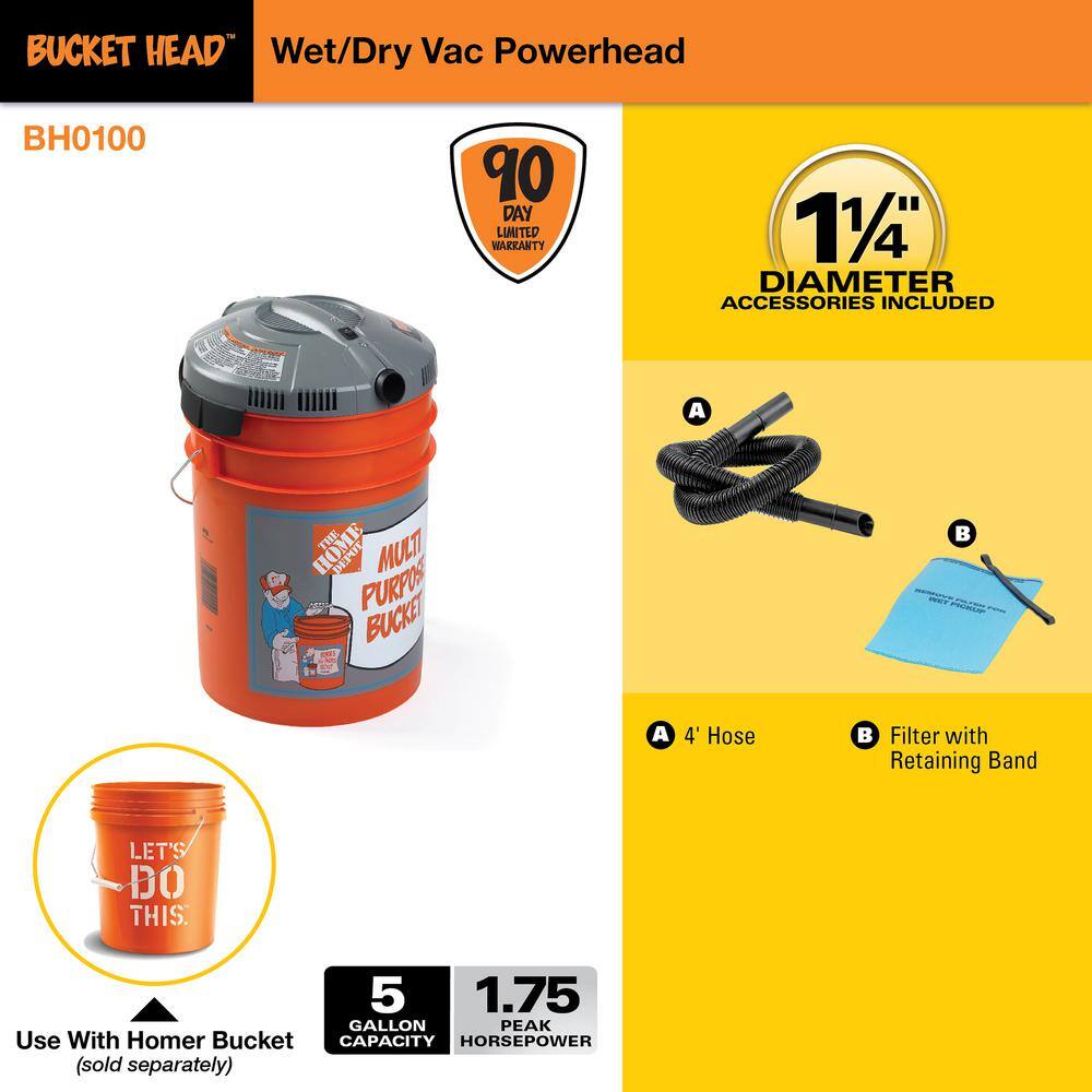 Bucket Head 5 Gallon 1.75 Peak HP WetDry Shop Vacuum Powerhead with Filter Bag and Hose