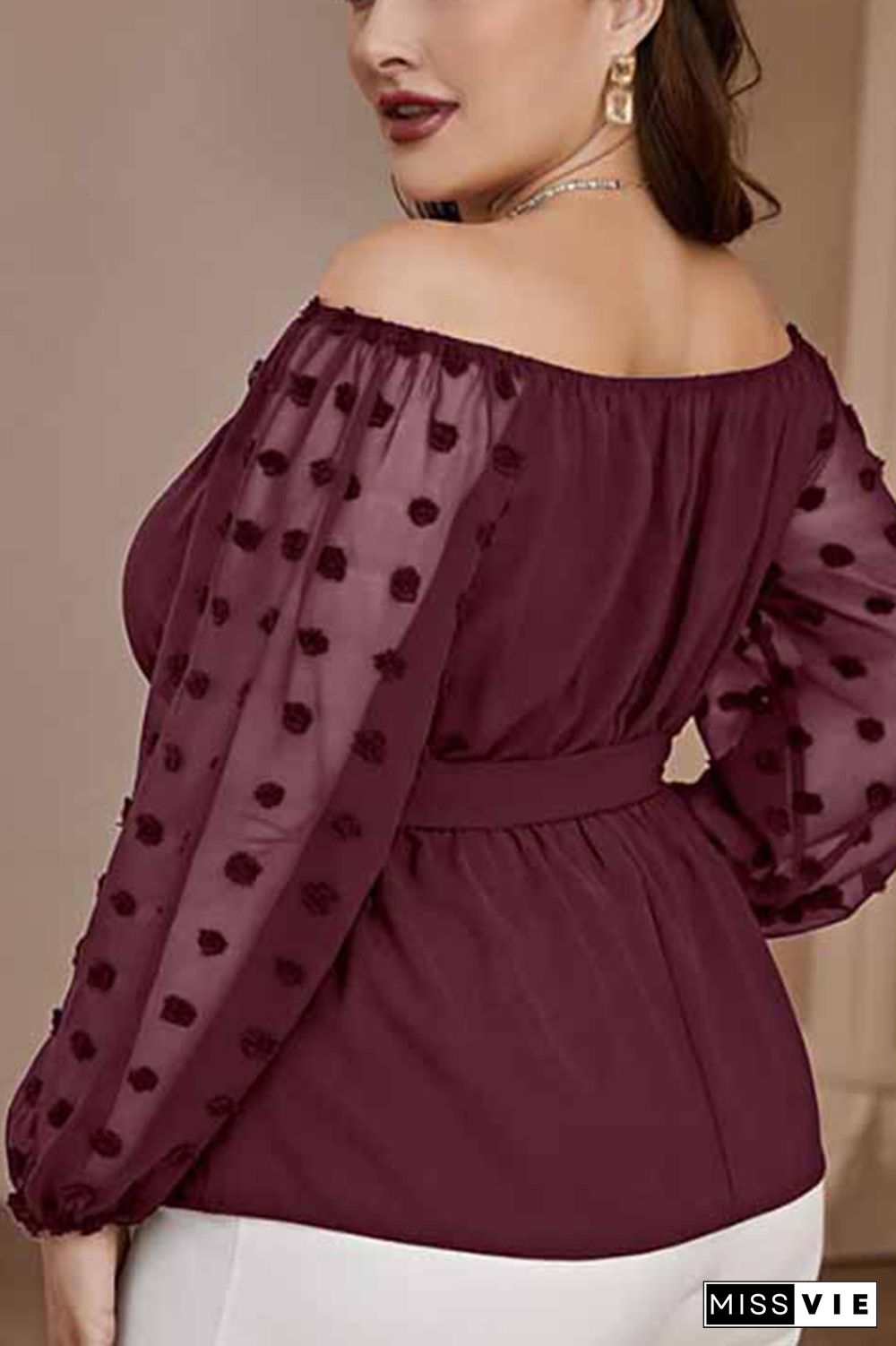 Off Shoulder Waistband Spot Texture Long Sleeves Plus Size Top