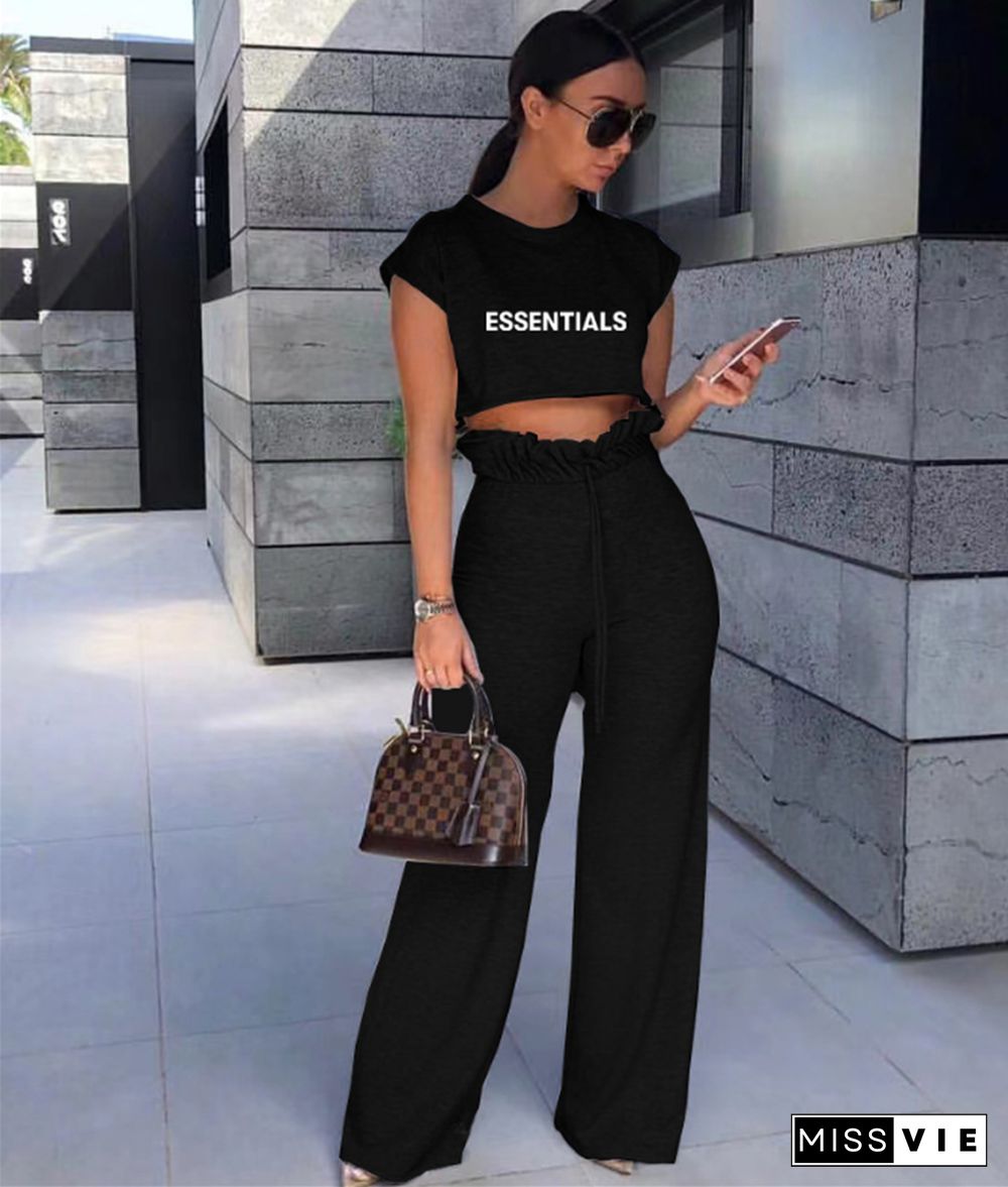 Letter Print Cotton T Shirt Crop Top Wide Leg Pants Suit