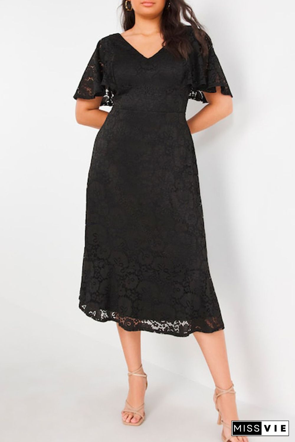 Black Plus Size Lace Flutter Sleeves Flare Midi Dress