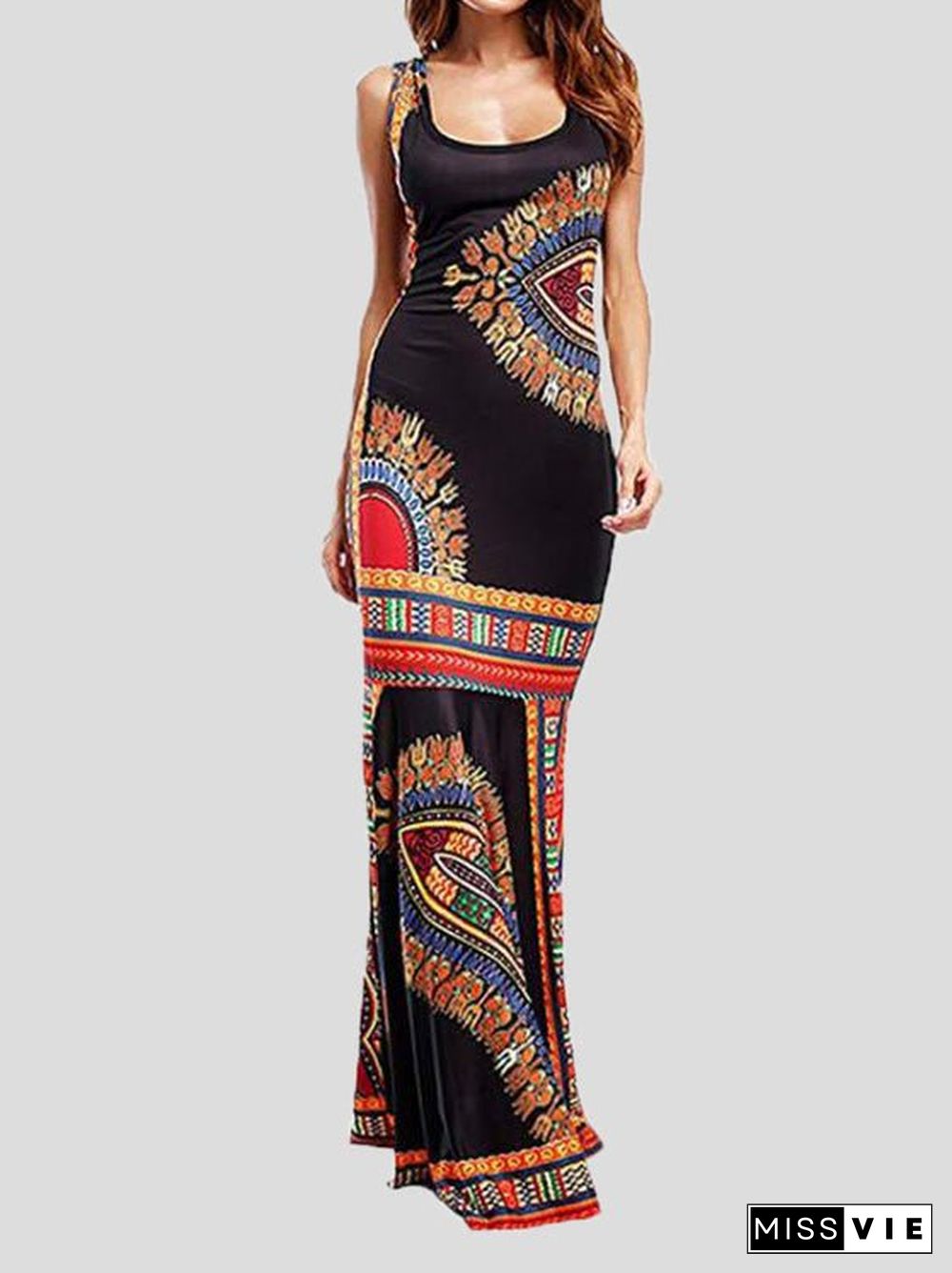 Women'S Dresses Vintage Print Sleeveless Slim Fit Dress