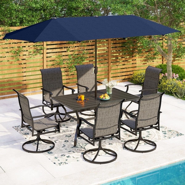 MAISON ARTS 7/8 Pieces Patio Dining Set，Rectangular Black Metal Table with 6 Padded Textilene Fabric Swivel Chairs