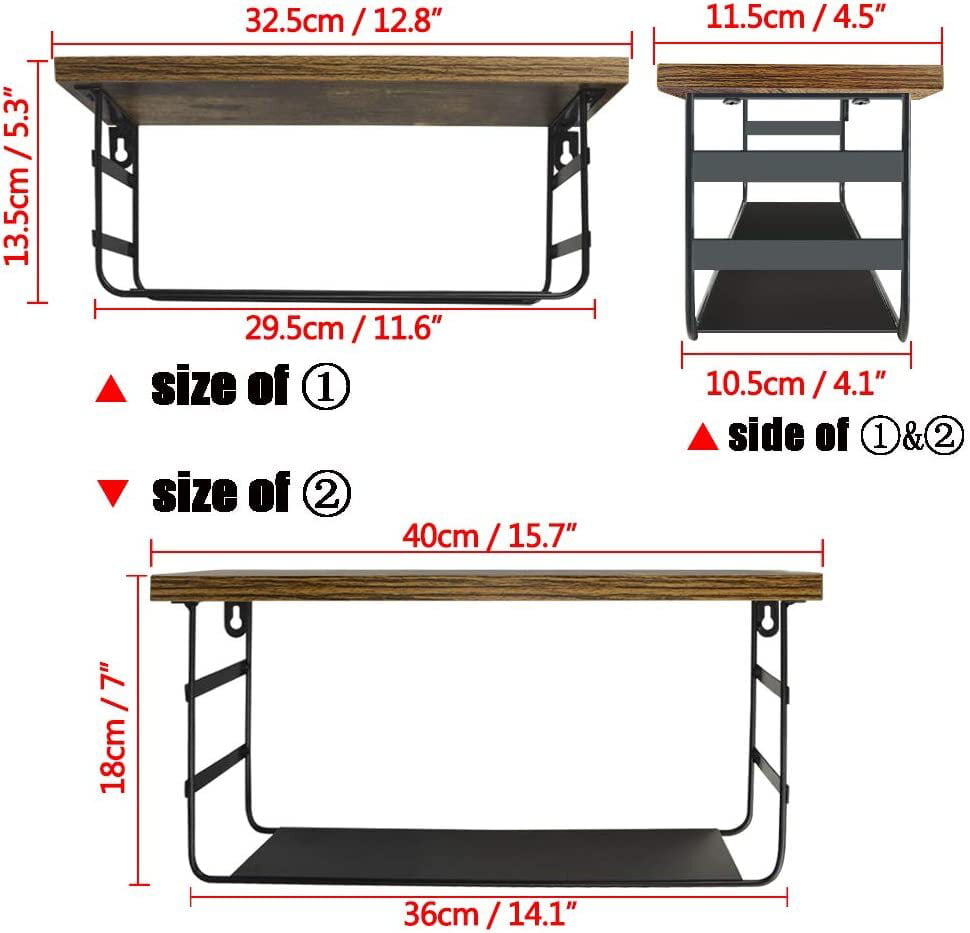 2 Tier Floating Wall Shelves Set of 2, Rustic Black Metal Shelf for Bathroom, Bedroom, Living Room, Laundry Room, Kitchen