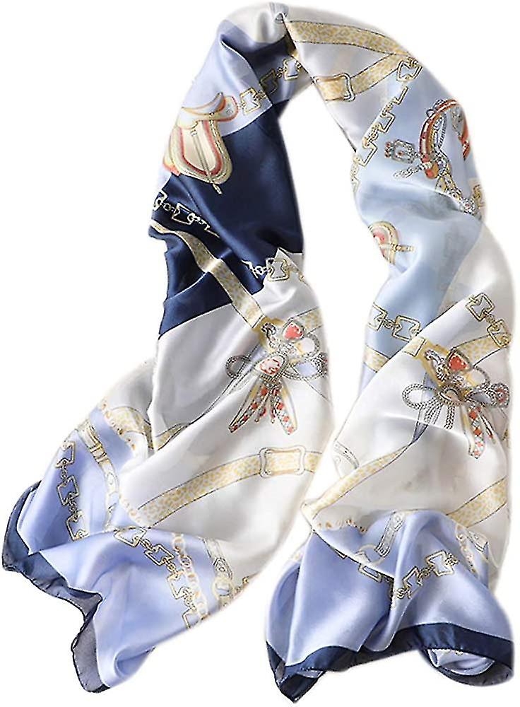 Women Floral Silk Scarf， Ladies Silk Scarf Blue Flowers Simple Stylish Wraps