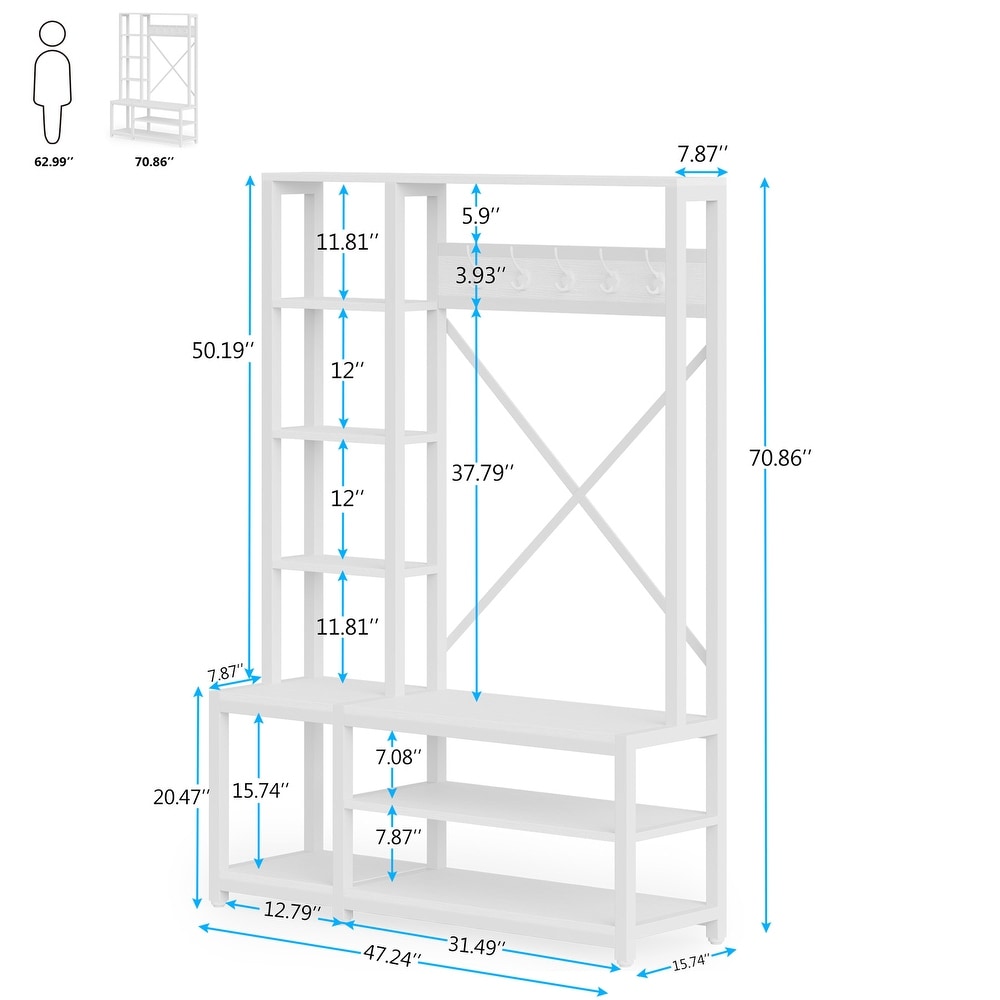 Entryway Hall Tree Coat Rack with Shoe Bench and Side Storage Shelves