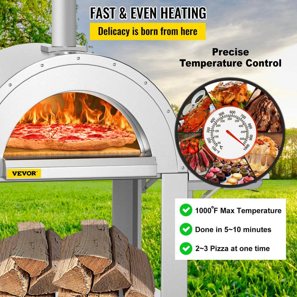 VEVOR Wood Outdoor Pizza Oven 32 in. Stainless Steel Fired Artisan Pizza Oven 3-Layer with Wheels, Silver HWPSKX3253149T6YRV0