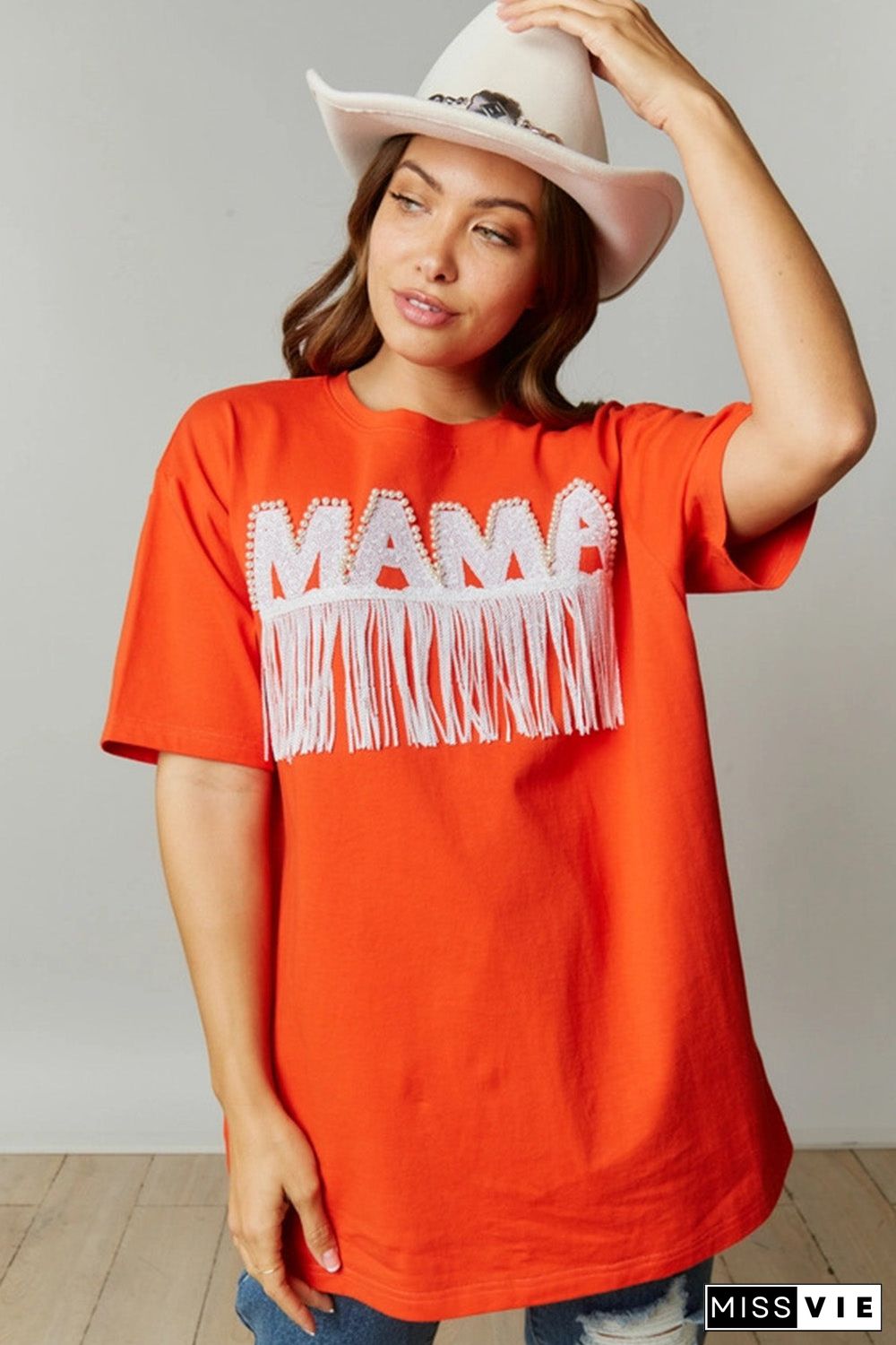 Orange Fringe Trim Beaded MAMA Lettering Oversize T Shirt