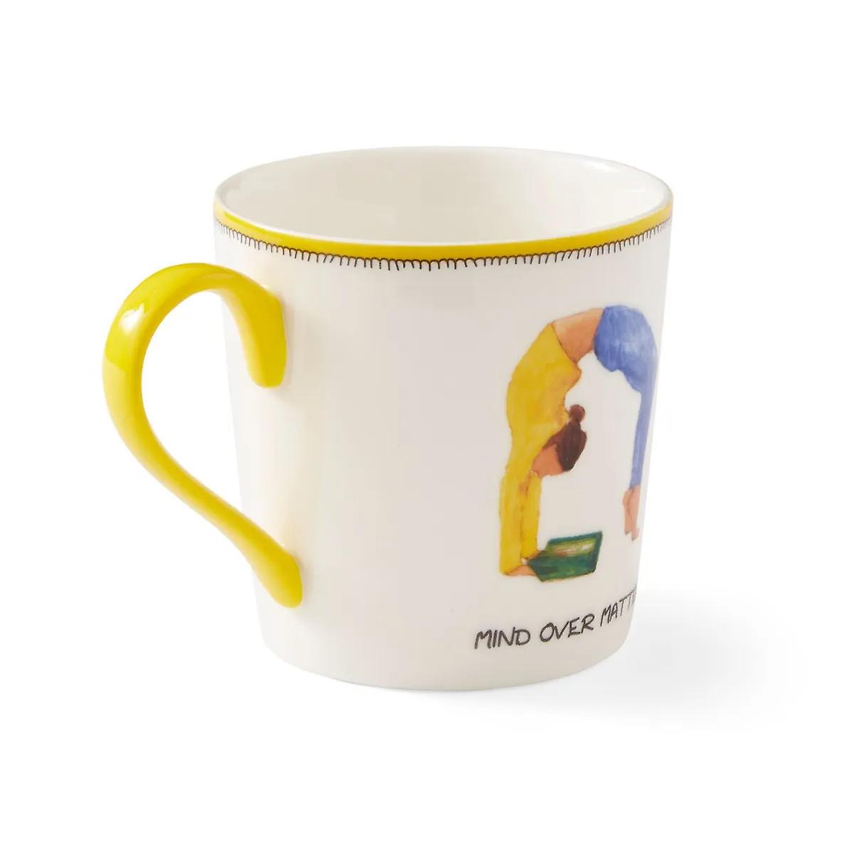 Spode Kit Kemp Doodles Mind Over Matter Mug Yellow Yoga Stretch