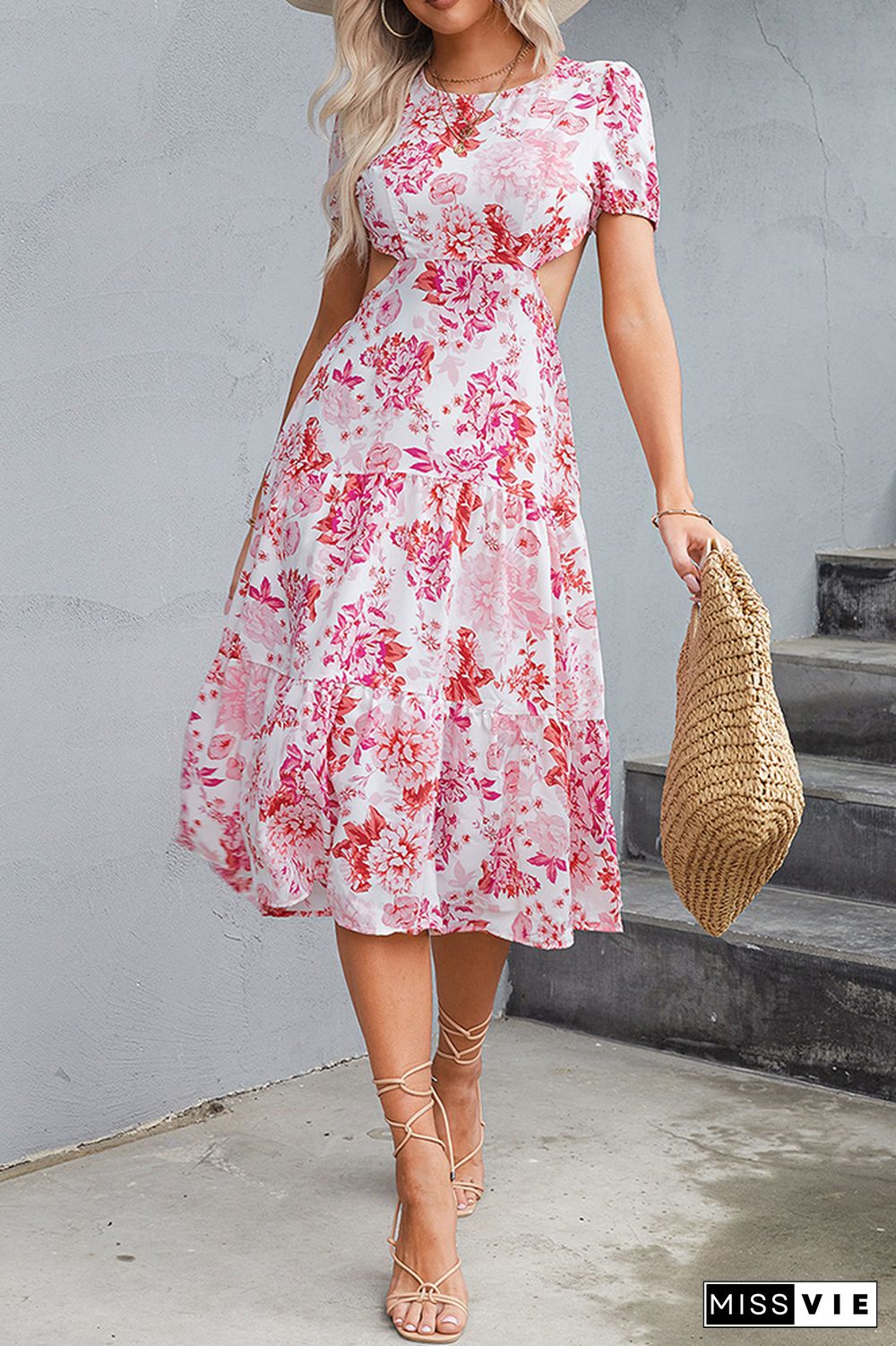 Pink Waist Cut Out Floral Midi Dress