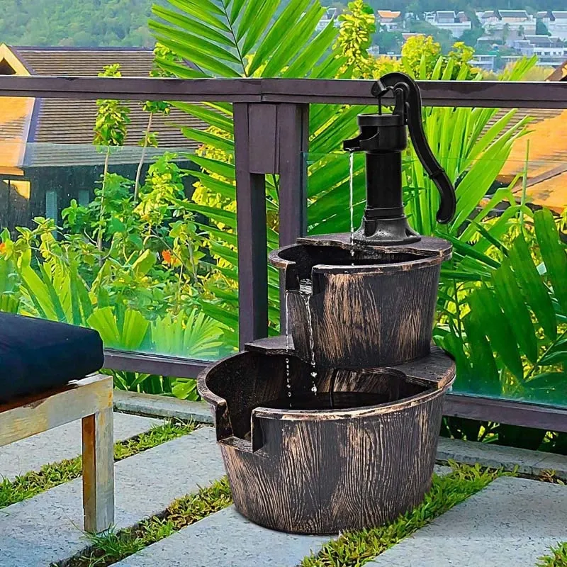 2 Tier Outdoor Rustic Pump Barrel Waterfall Fountain for Garden