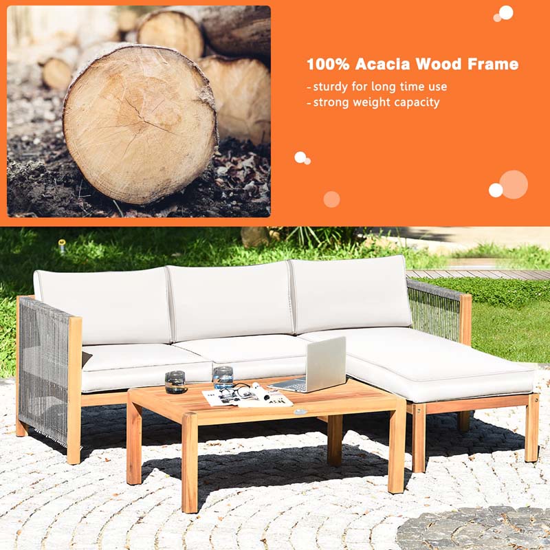 3 Pcs Acacia Wood Patio Conversation Set with Nylon Rope Armrest, L Shape Outdoor Furniture Set