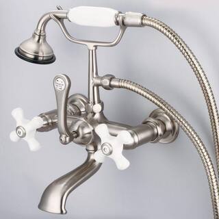 Water Creation 3-Handle Vintage Claw Foot Tub Faucet with Hand Shower and Porcelain Cross Handles in Brushed Nickel F6-0010-02-PX