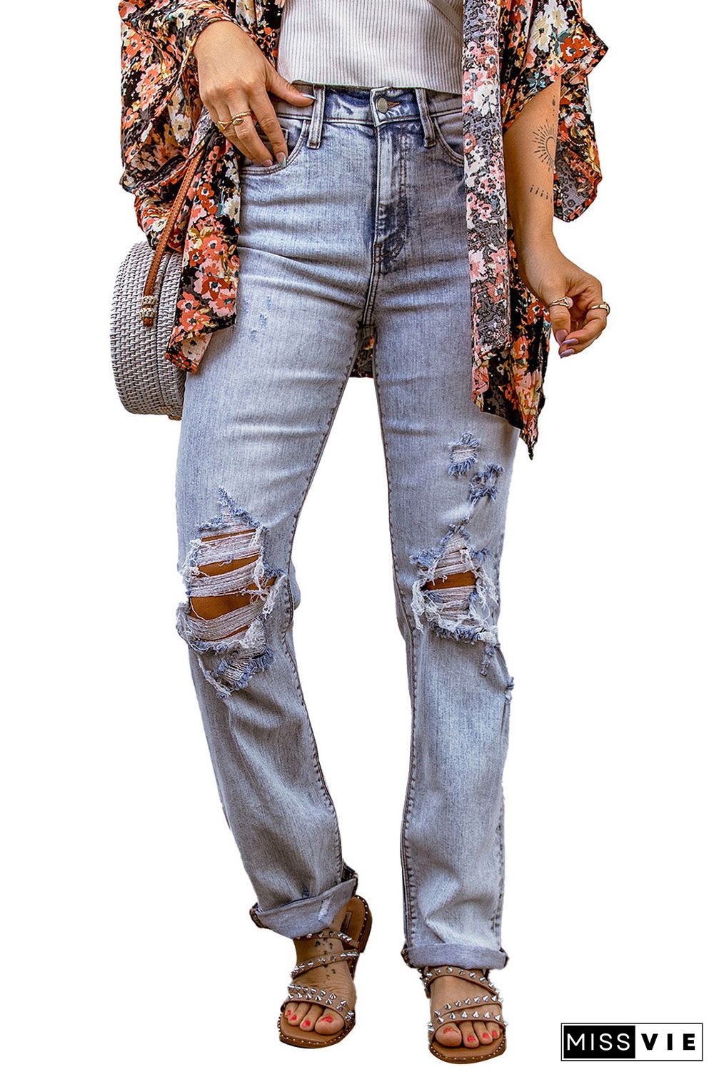 Sky Blue Acid Wash Sheath Straight Leg Distressed Jeans