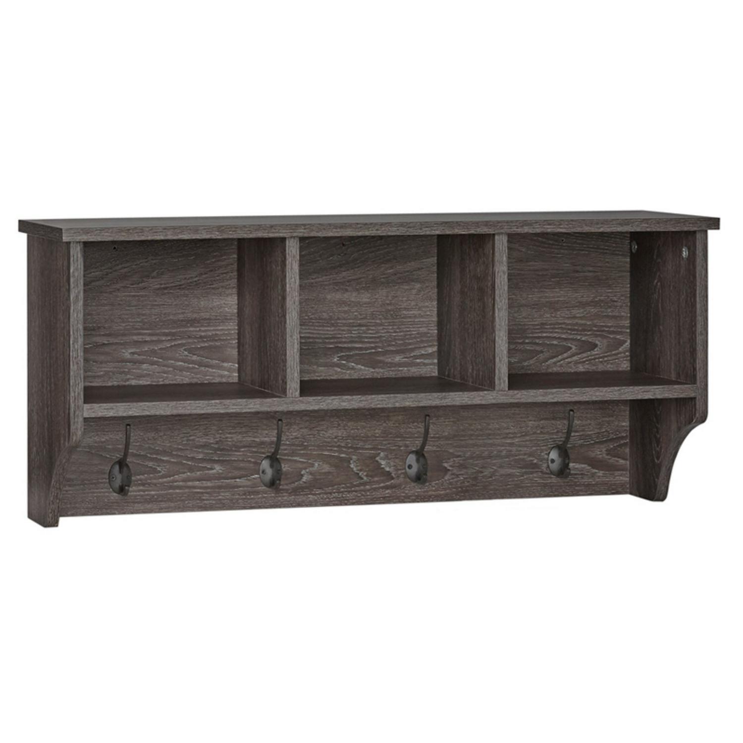 RiverRidge Home Woodbury Collection Wall Shelf with 3 Cubbies and 4 Double Hooks in Dark Weathered Woodgrain  Crowdfused