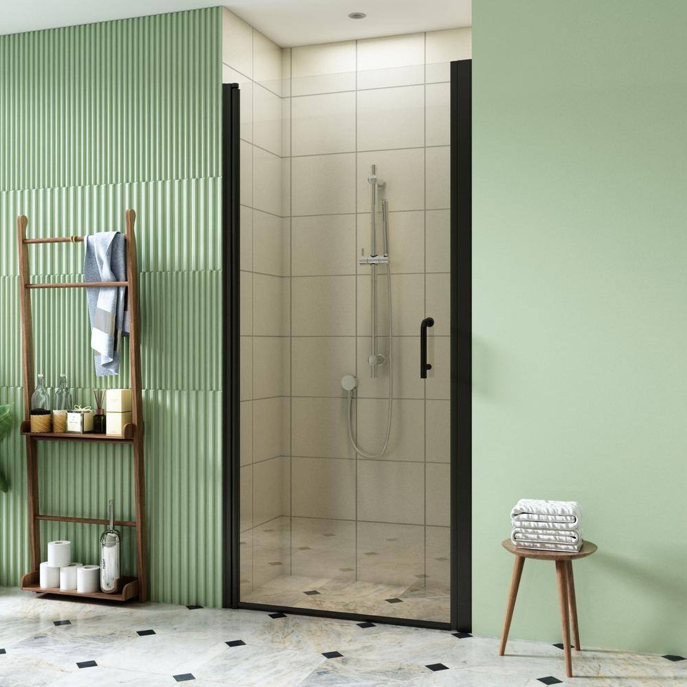 TOOLKISS 32 to 33-38 in. H Pivot Swing Frameless Shower Door in Black with Clear Glass FP32MB