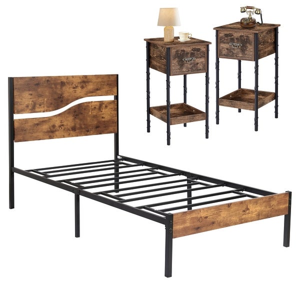 Taomika 3-pieces Bedroom Set with Platform Bed Frame and Nightstands Set of 2，Rustic Brown - - 36189199