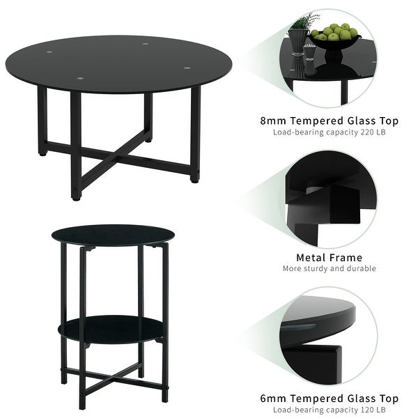 Black Glass Round Coffee Table Set of 3 Piece， Coffee Table and End Table Sets， Living Room Table Set of 3， Metal Frame