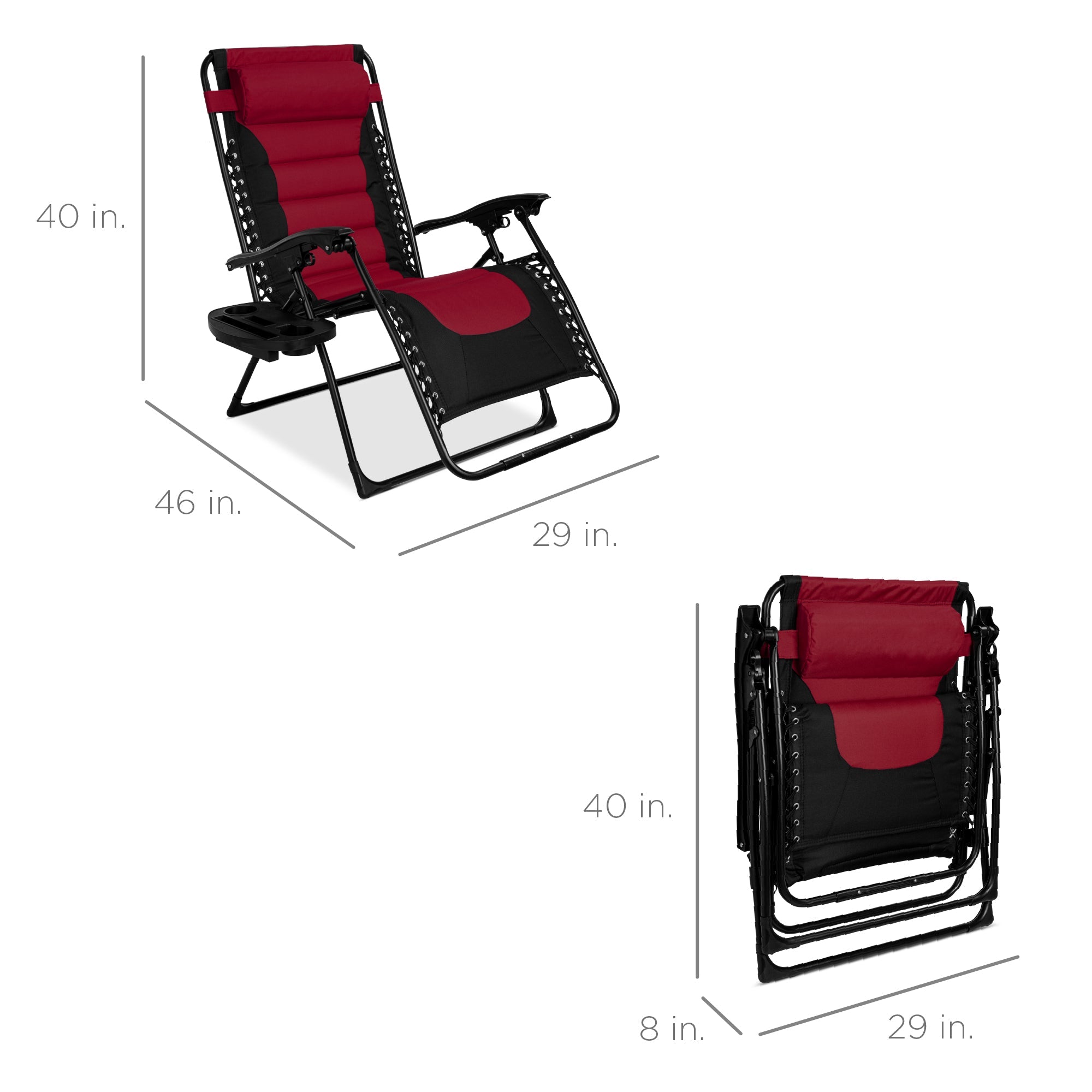 Best Choice Products Oversized Padded Zero Gravity Chair, Folding Outdoor Patio Recliner w/ Side Tray - Burgundy