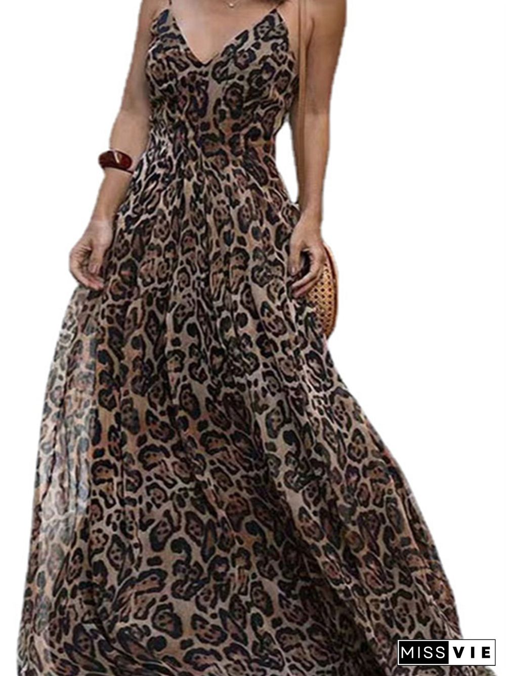 Fashion Leopard V-neck Sexy Sling Backless Dress