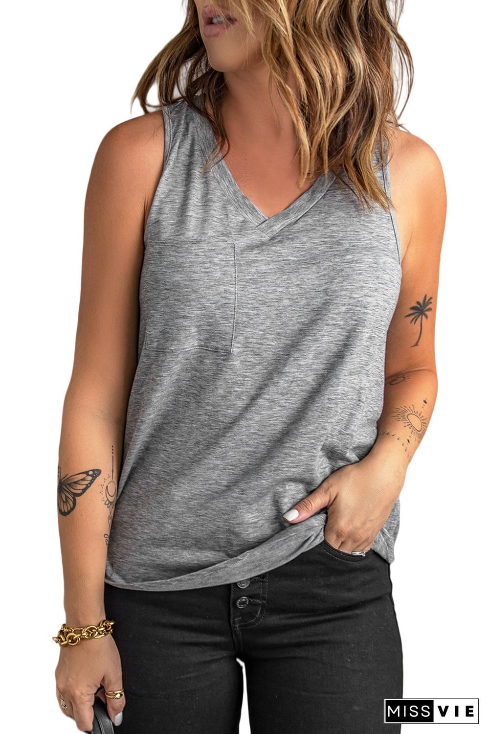 Gray V Neck Racerback Tank Top with Pocket