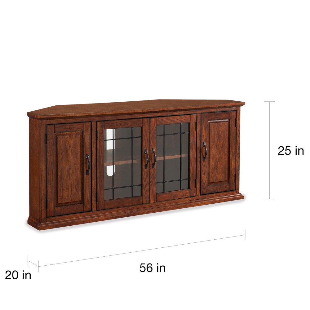 Burnished Oak finish Wood and Leaded Glass 56 inch Corner TV Stand