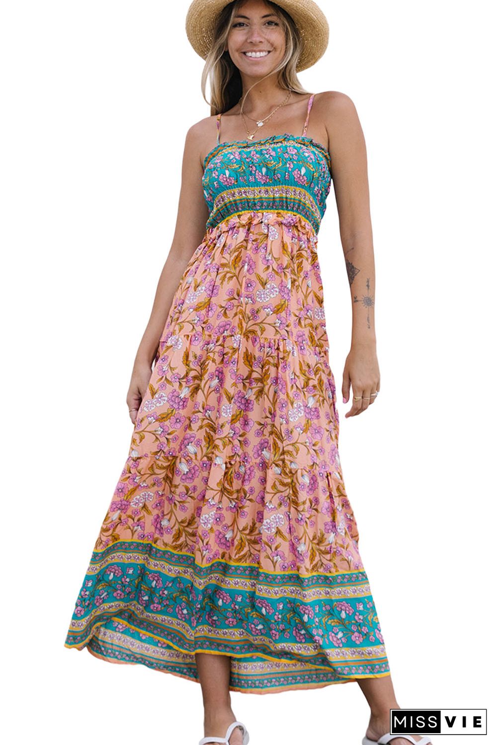 Floral Print Bodice Spaghetti Strap Maxi Dress