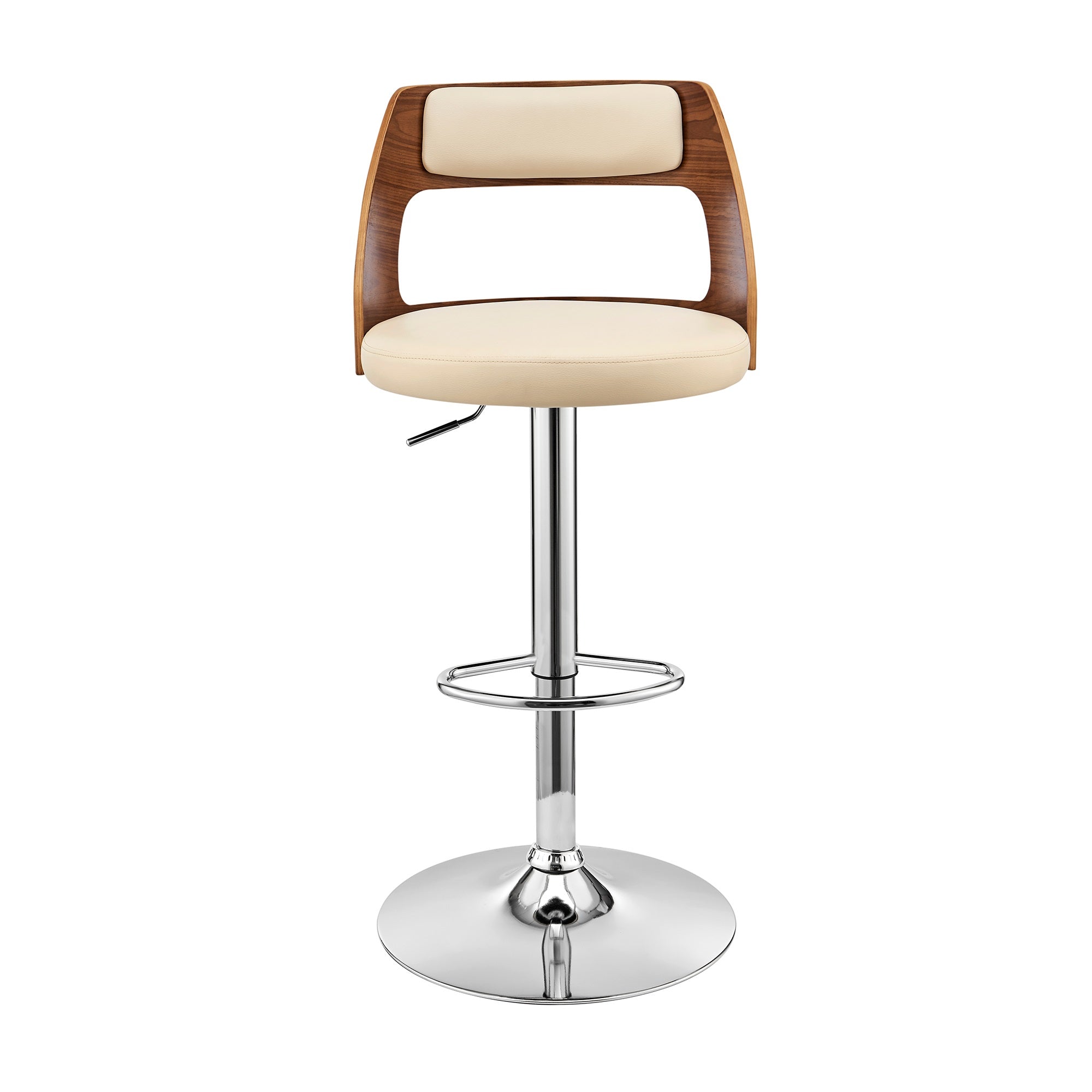 Itzan Adjustable Swivel Cream Faux Leather and Walnut Wood Bar Stool with Chrome Base