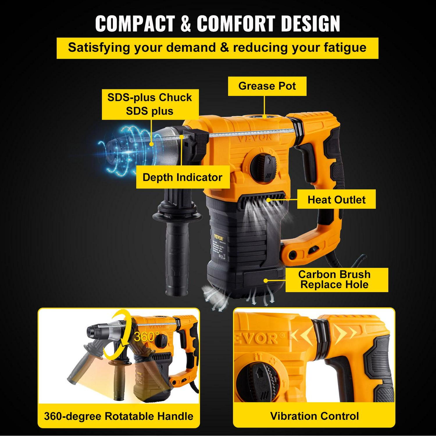 VEVOR 1 SDS Plus Rotary Hammer Drill ， 9.5A ， 1050W Electric Rotary Hammer Drill， 4 Modes Combination Rotary Hammer， 850RPM Cordless Rotary Hammer w/ Case， 110V Rotary Hammer Drill Ki