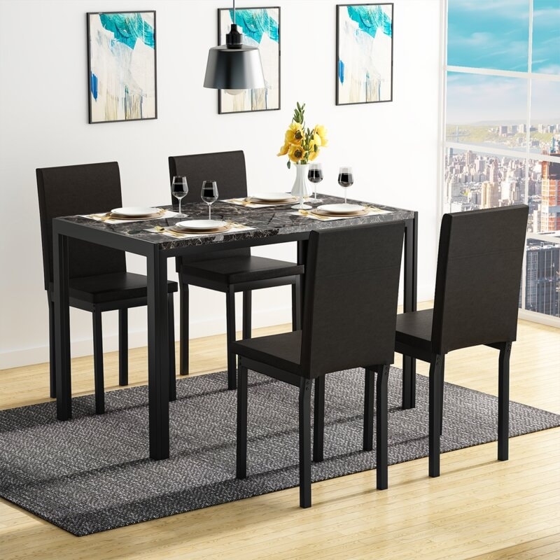 Mieres 5 Piece Dining Table Set with Faux Marble Top and 4 PU Leather Upholstery Chairs for Kitchen Dining Room