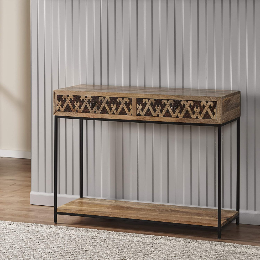 Industrial Console Table  Lower Shelf  amp2 Drawers With Patterned Front  Brown   Transitional   Console Tables   by Decor Love  Houzz