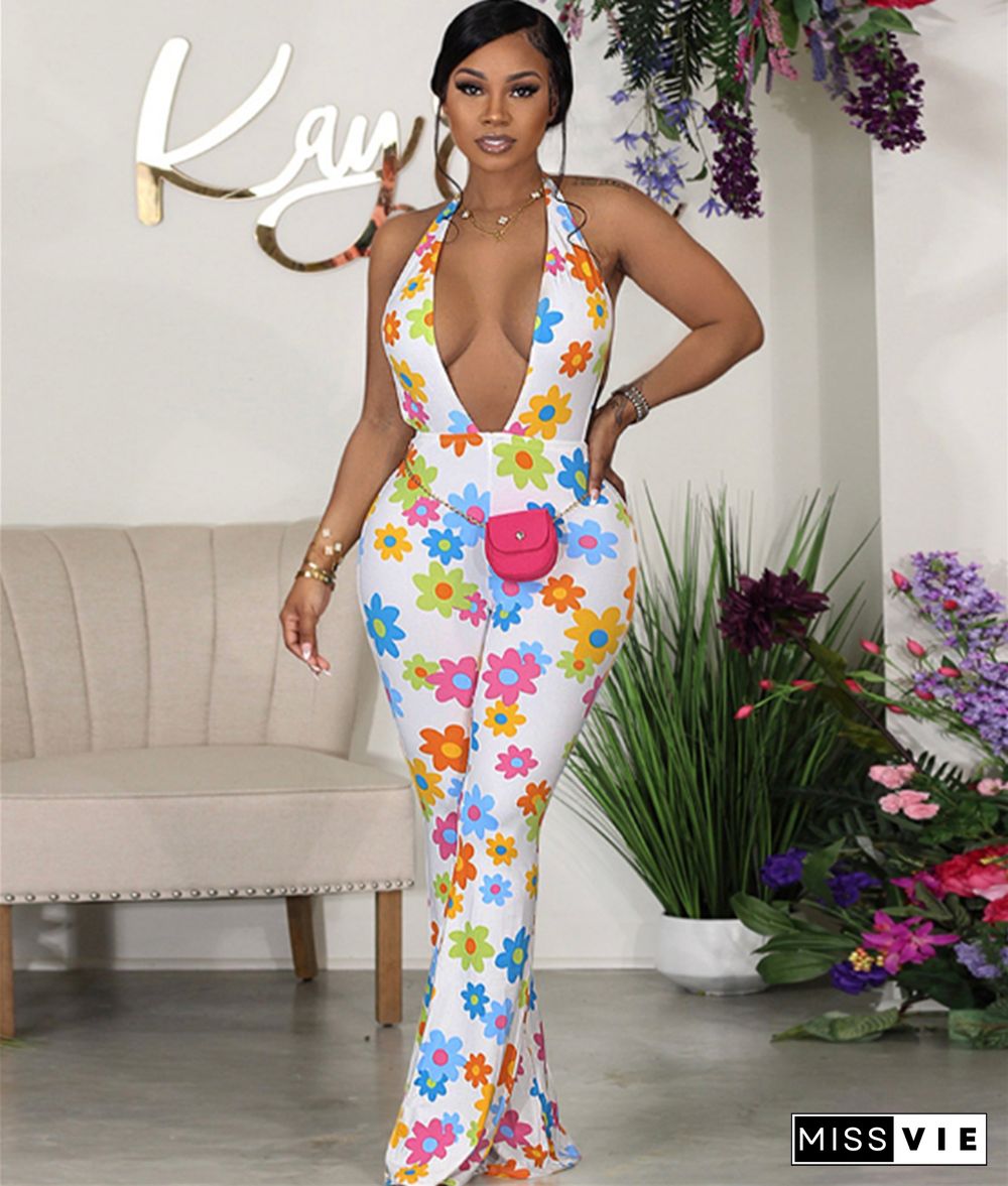 Floral Print Halter Deep V Backless Jumpsuit