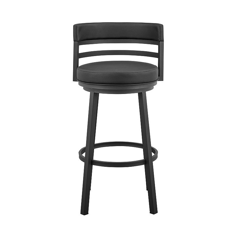 Maxi 30 Inch Modern Swivel Bar Stool， Round Footrest， Faux Leather， Black