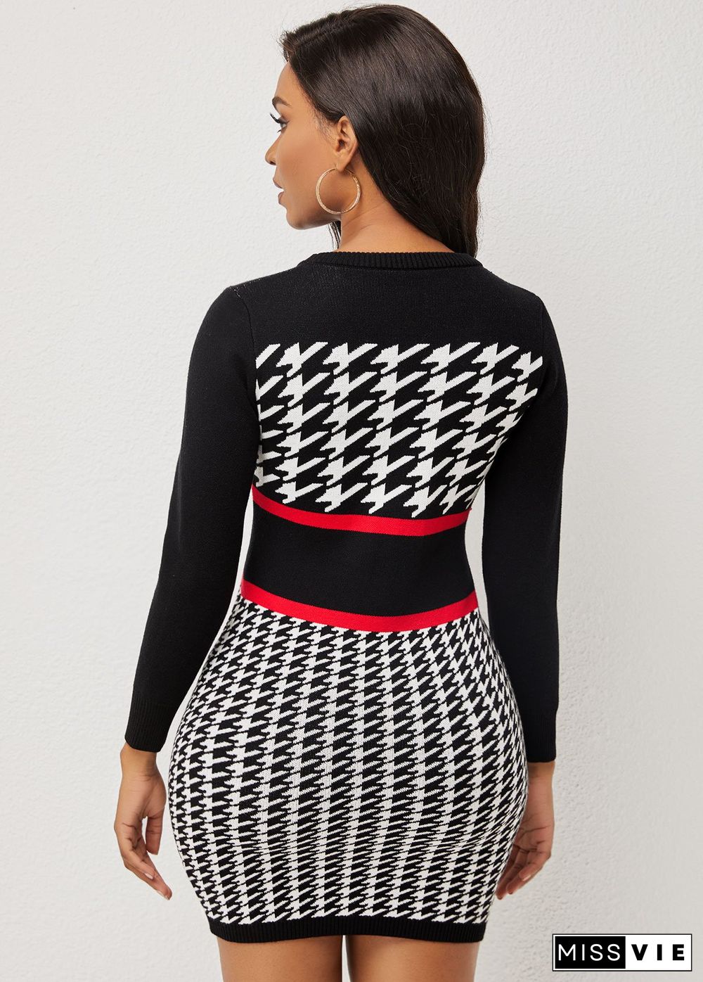 Round Neck Houndstooth Print Long Sleeve Sweater Dress