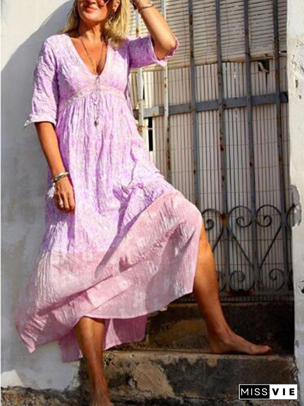 Pink Printed V Neck Boho Weaving Dress for Women