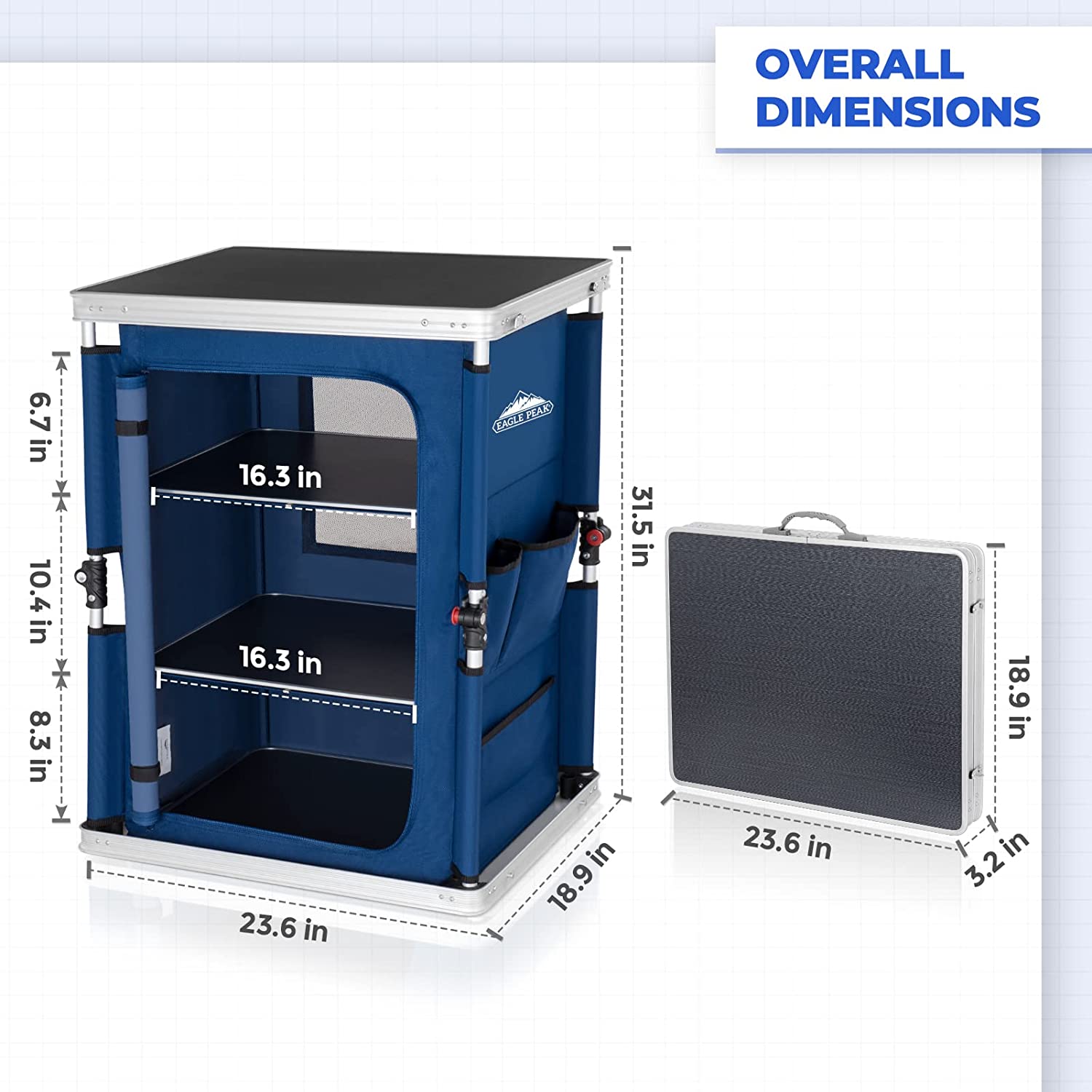 Eagle Peak Outdoor Camping Pop Up Folding Table with Large 3-Tier Storage Organizer and Side Pockets, Easy Set Up Portable Lightweight Aluminum Camping Kitchen, Blue