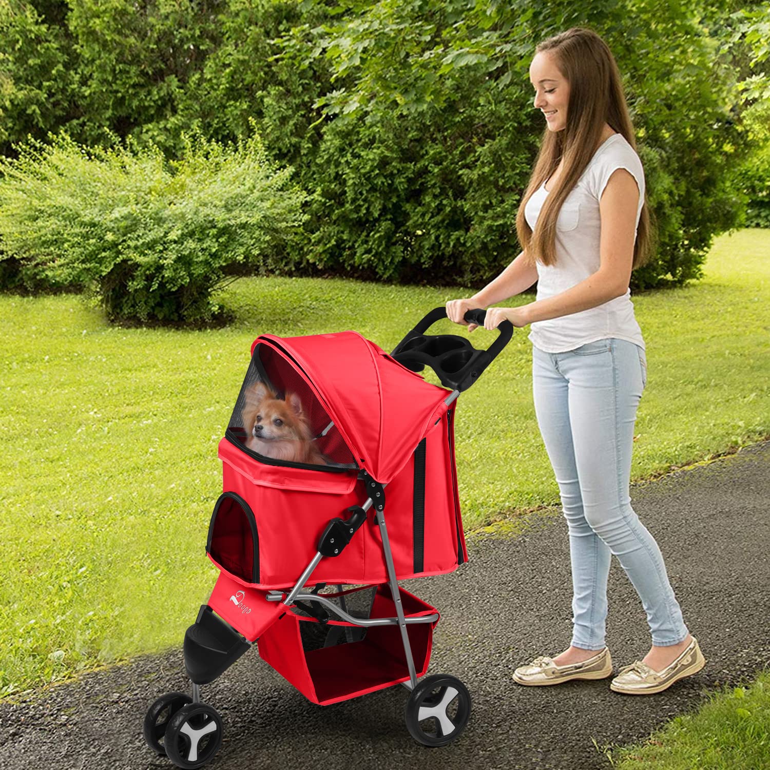 Pet Stroller 3 Wheel Foldable Cat Dog Stroller with Storage Basket and Cup Holder for Small and Medium Cats， Dogs， Puppy (Red)