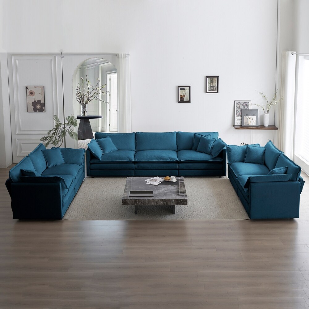 3 Piece Sectional Sofa Set Chenille Upholstered Sleeper Couch with Pillows Removable Sofa  2pc Loveseat  for Living Room  Blue