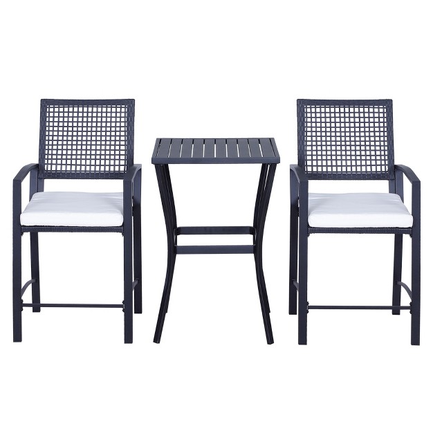 Outsunny 3pcs Patio Bar Set With Soft Cushion Rattan Wicker Outdoor Furniture Set For Backyards Lawn Deck Poolside