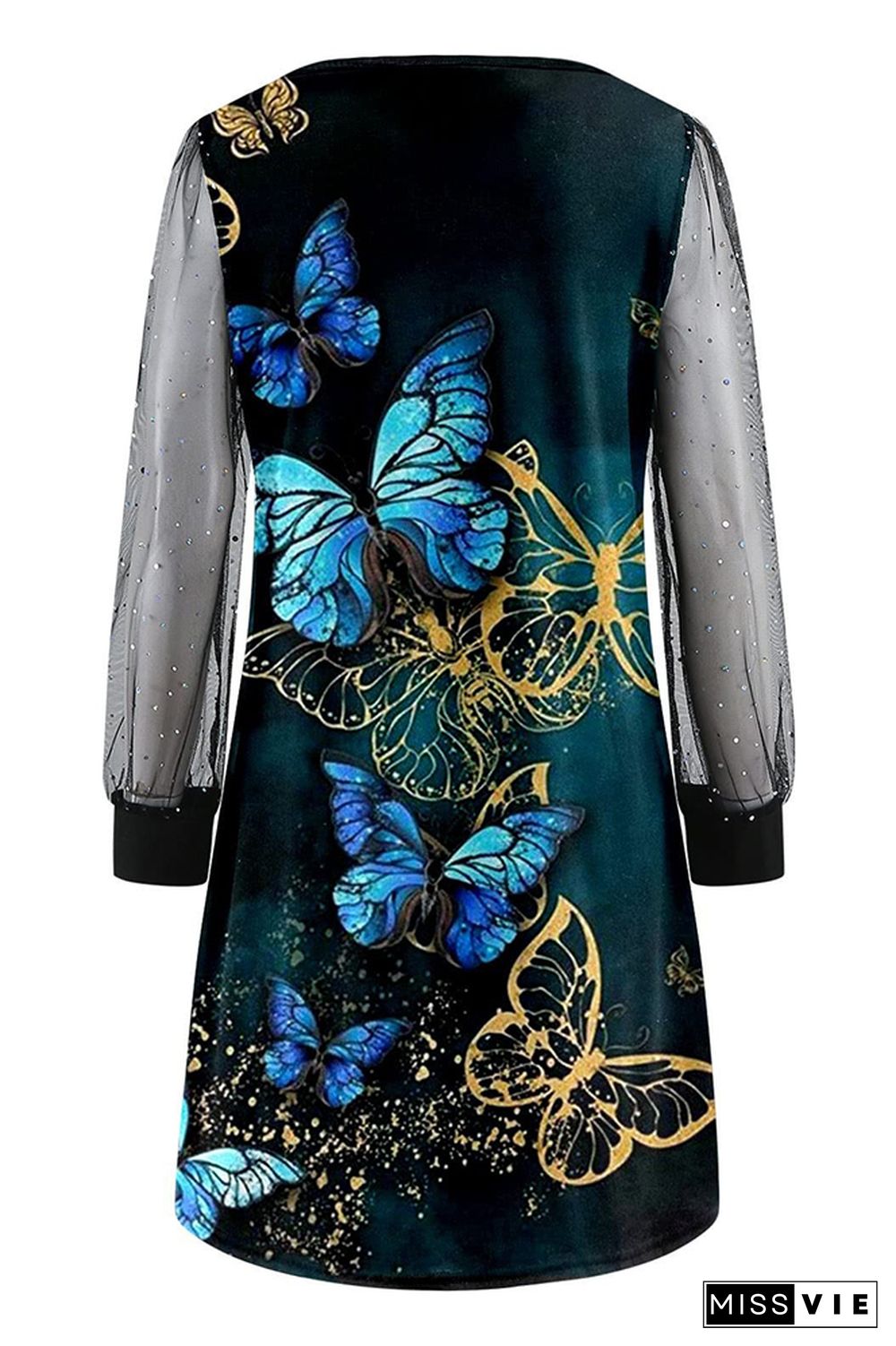 Printed with Bling Sheer Sleeves Dress