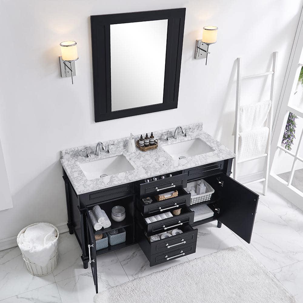 Home Decorators Collection Aberdeen 60 in W x 22 in D x 345 in H Bath Vanity in Black with White Carrara Marble Top