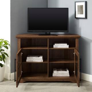 Welwick Designs 44 in. Natural Walnut Wood and Glass Transitional Farmhouse Window Pane Door Corner TV Stand Fits TVs up to 50 in. HD9055