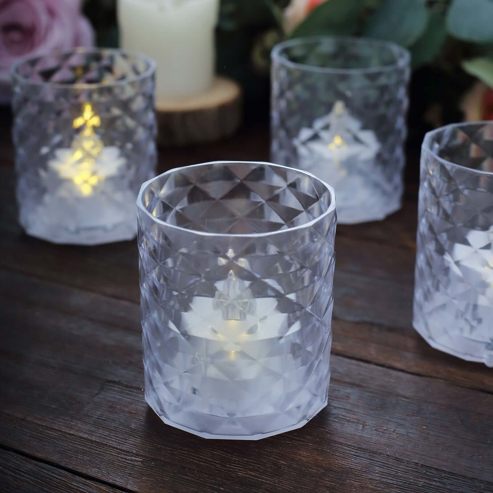 12 Pack Clear Acrylic Diamond LED Tealight Candle Holder Sets, Warm White Battery Operated Whiskey Glass Votive Candle Lamps 3