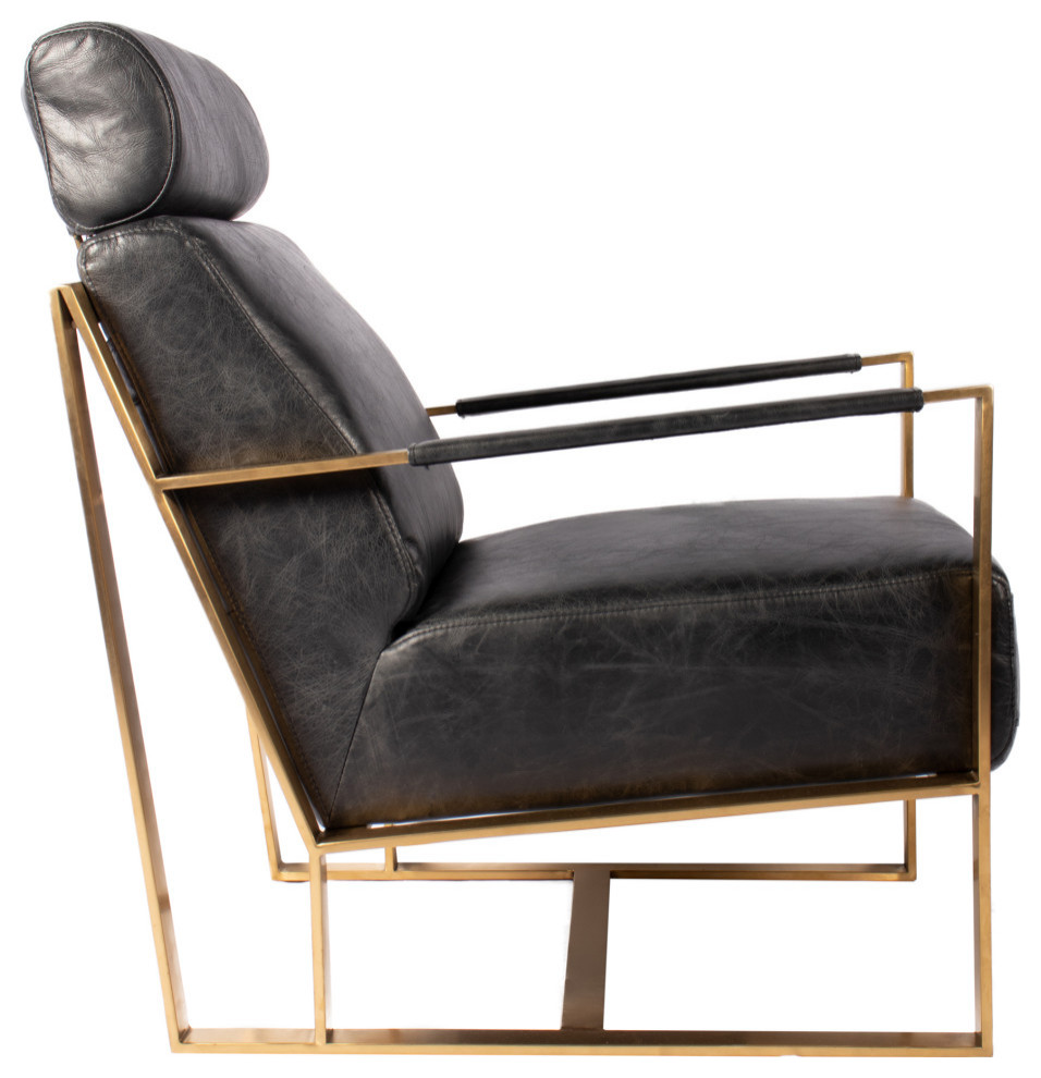 Paradiso Black Top Grain Leather Accent Slipper Chair Gold Metal Frame   Contemporary   Armchairs And Accent Chairs   by Sideboards and Things  Houzz