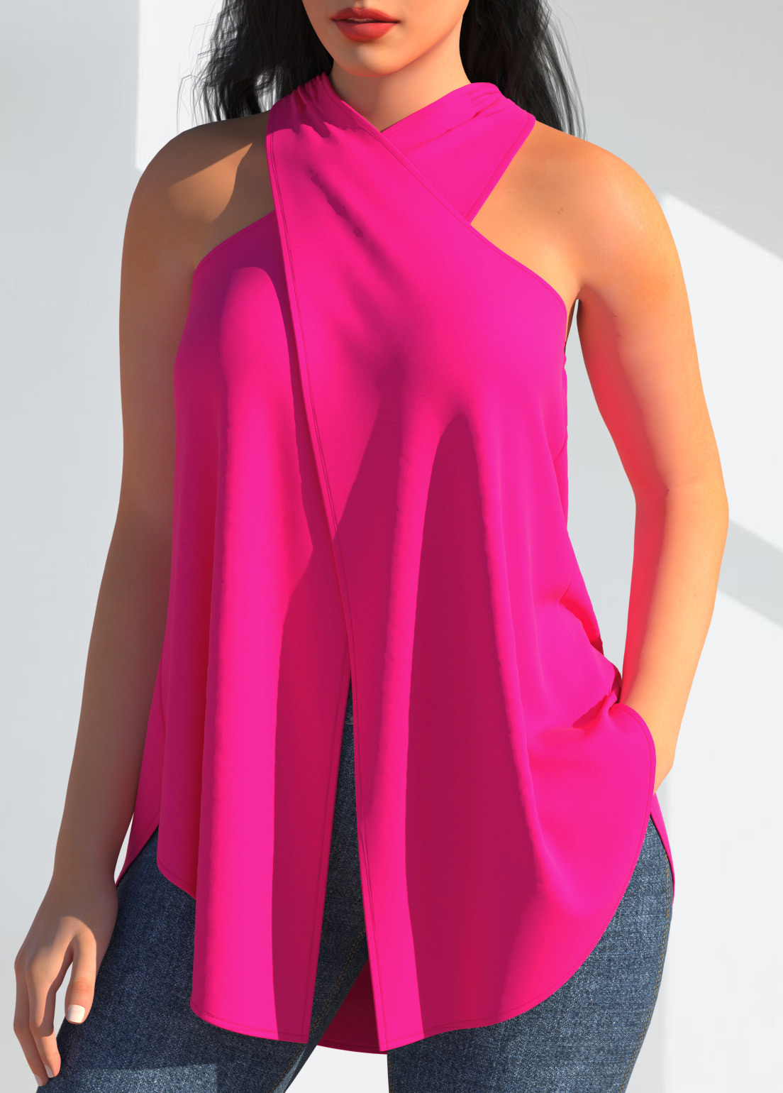 Rose Pink Cross Halter Front Slit Tank Top