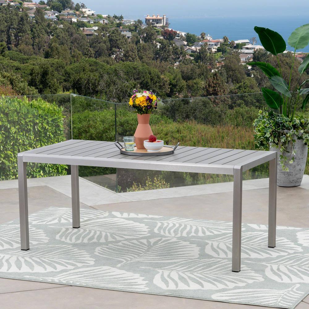 Noble House Cape Coral Silver Rectangular Aluminum Outdoor Dining Table with Gray Faux Wood Top