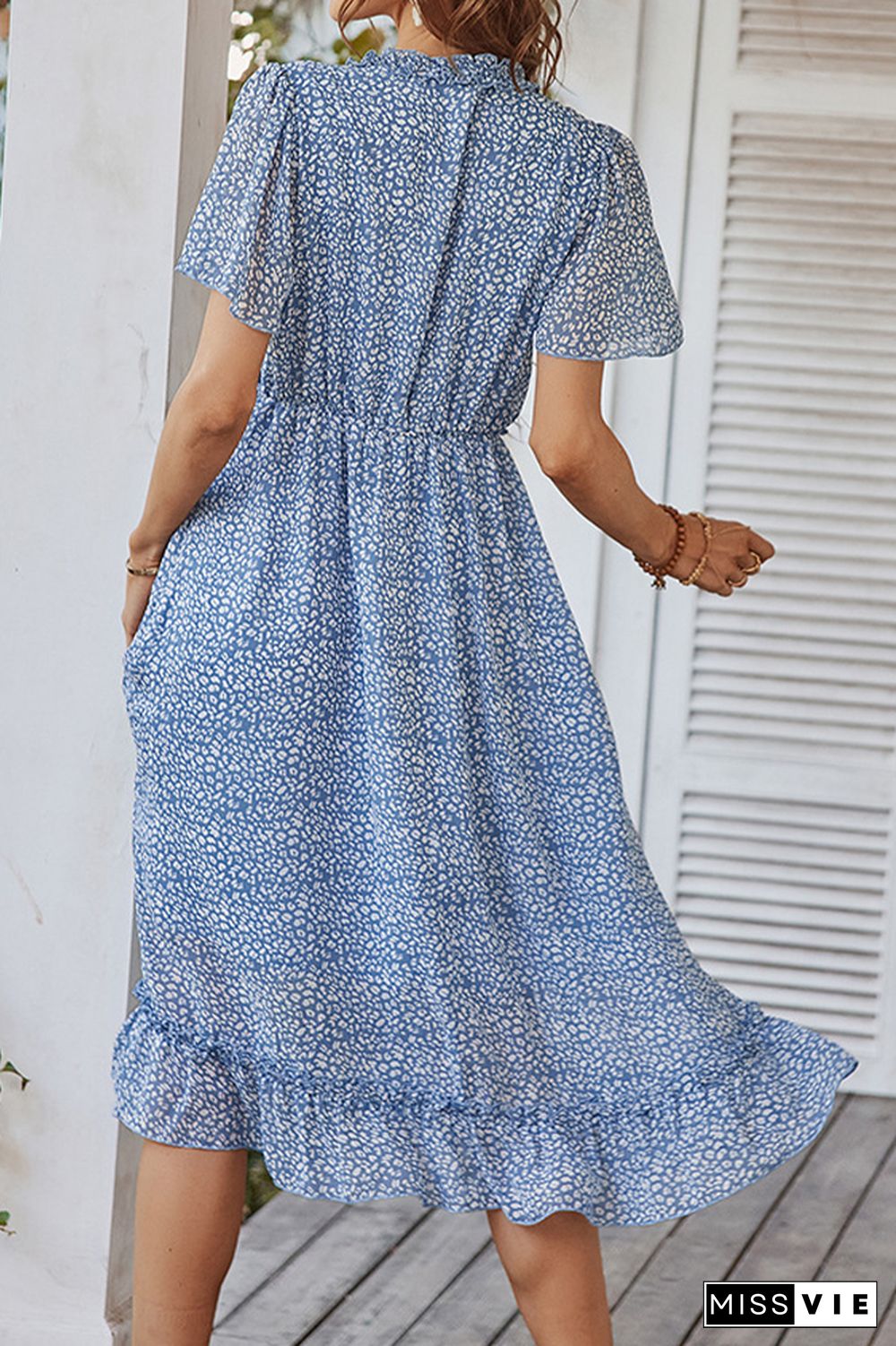 Polka Dot V-neck Short Sleeve Waisted Long Dress Wholesale