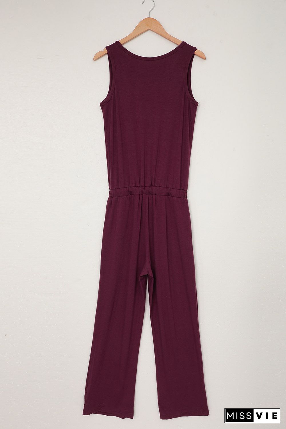 Wine Red Split Neck Drawstring Waist Sleeveless Jumpsuit