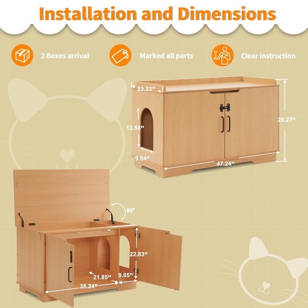 MCombo Cat Litter Box Furniture Hidden with Top Opening， Wooden Hideaway Large Cat House w/ Divider， Washroom Storage Bench CT37