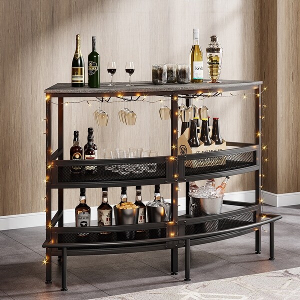 3-Tier Home Bar Unit with Storage Shelf，Wine Liquor Bar Table with Stemware Racks and Footrest for Home Pub