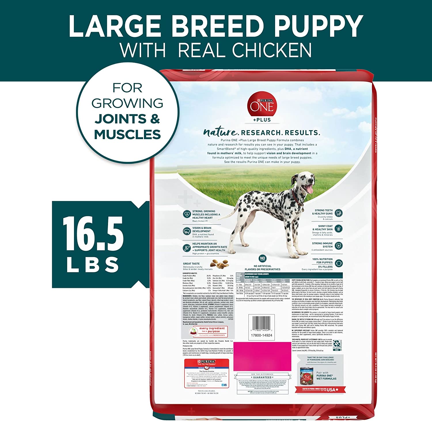 Purina ONE Natural， High Protein， Large Breed Dry Puppy Food， +Plus Large Breed Formula - 16.5 lb. Bag